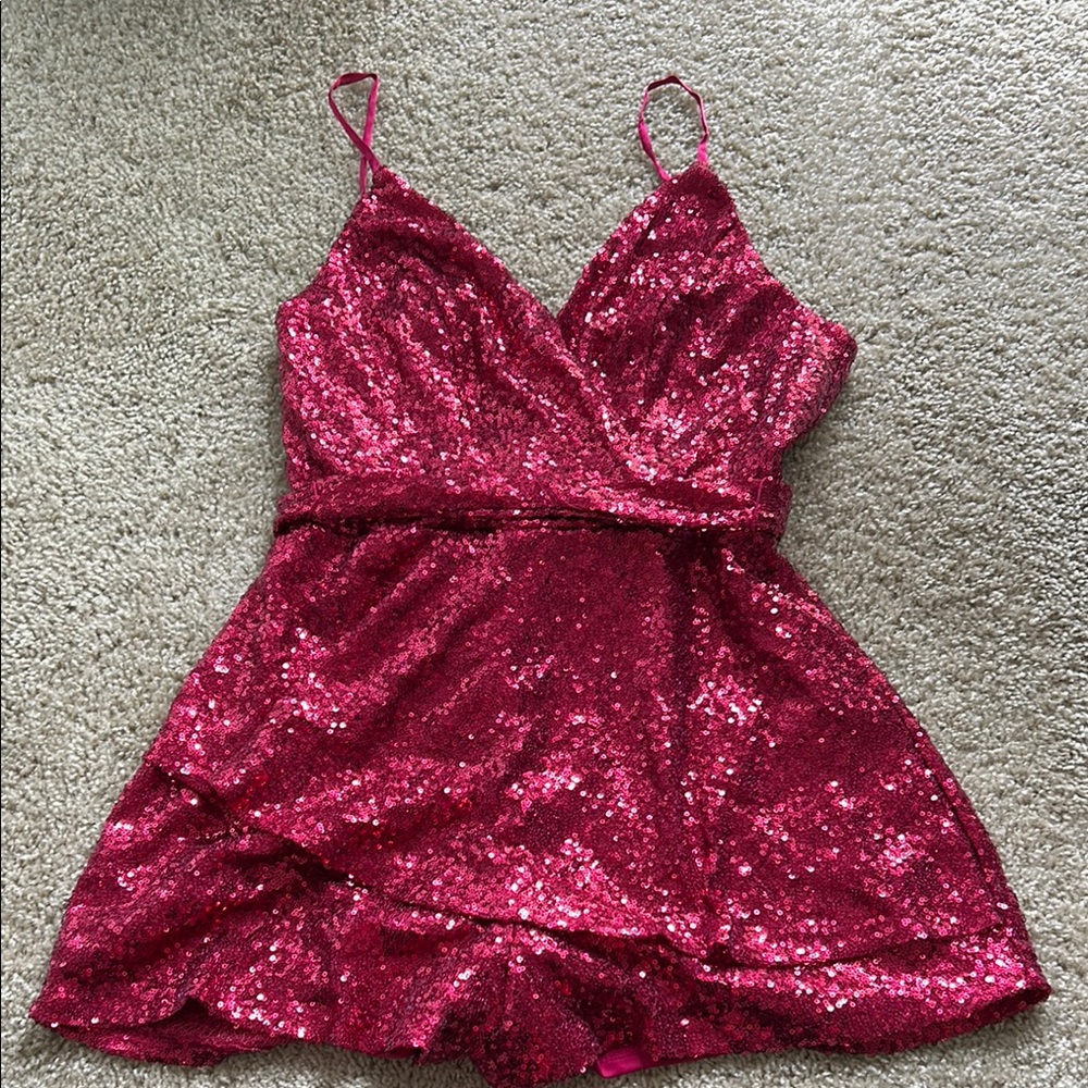 VENUS Pink Sequin Jumpsuit with Plunging V-Neckline